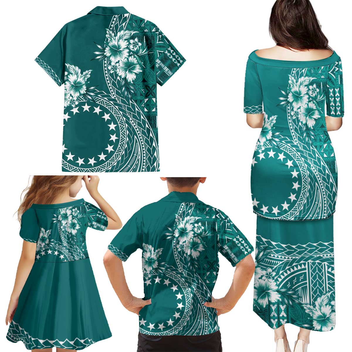 Kia Orana Cook Islands Family Matching Puletasi and Hawaiian Shirt Tiare and Stars - Teal LT7 - Polynesian Pride