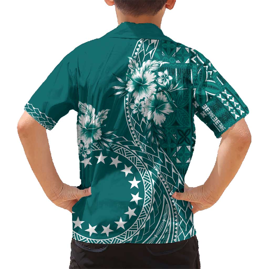 Kia Orana Cook Islands Family Matching Short Sleeve Bodycon Dress and Hawaiian Shirt Tiare and Stars - Teal LT7 - Polynesian Pride