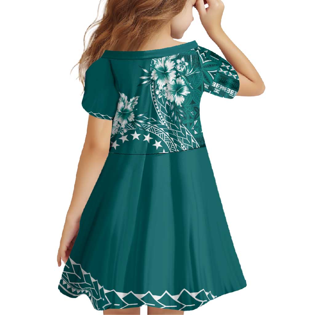 Kia Orana Cook Islands Family Matching Short Sleeve Bodycon Dress and Hawaiian Shirt Tiare and Stars - Teal LT7 - Polynesian Pride