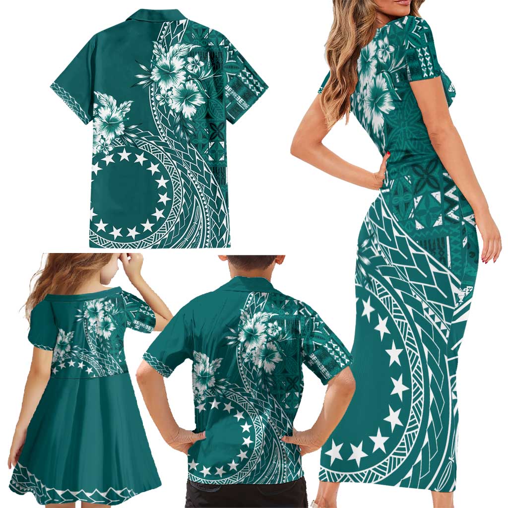 Kia Orana Cook Islands Family Matching Short Sleeve Bodycon Dress and Hawaiian Shirt Tiare and Stars - Teal LT7 - Polynesian Pride