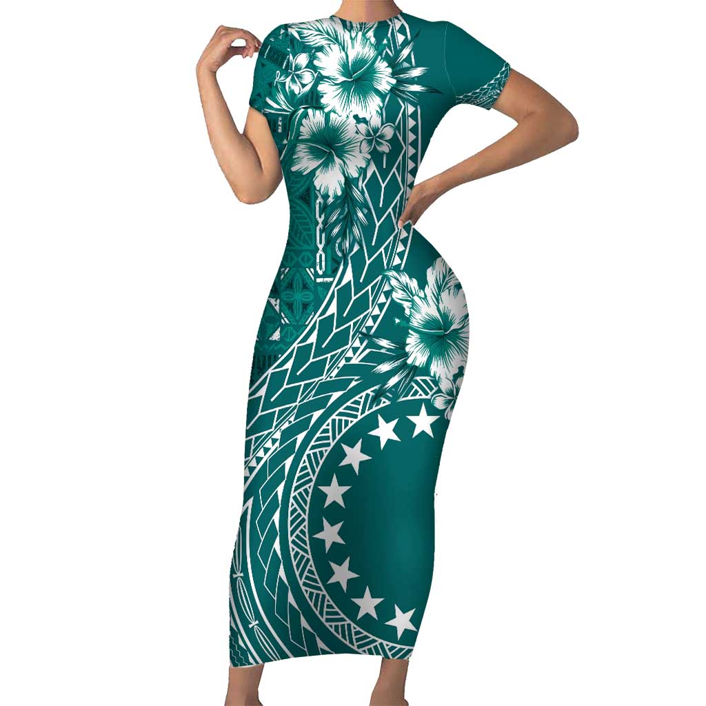 Kia Orana Cook Islands Family Matching Short Sleeve Bodycon Dress and Hawaiian Shirt Tiare and Stars - Teal LT7 Mom's Dress Teal - Polynesian Pride