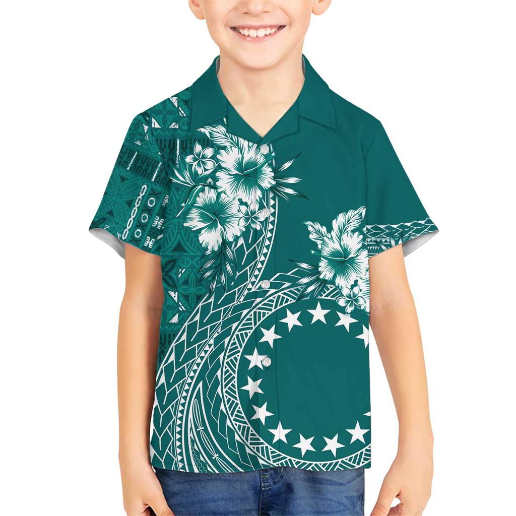 Kia Orana Cook Islands Family Matching Tank Maxi Dress and Hawaiian Shirt Tiare and Stars - Teal LT7 Son's Shirt Teal - Polynesian Pride