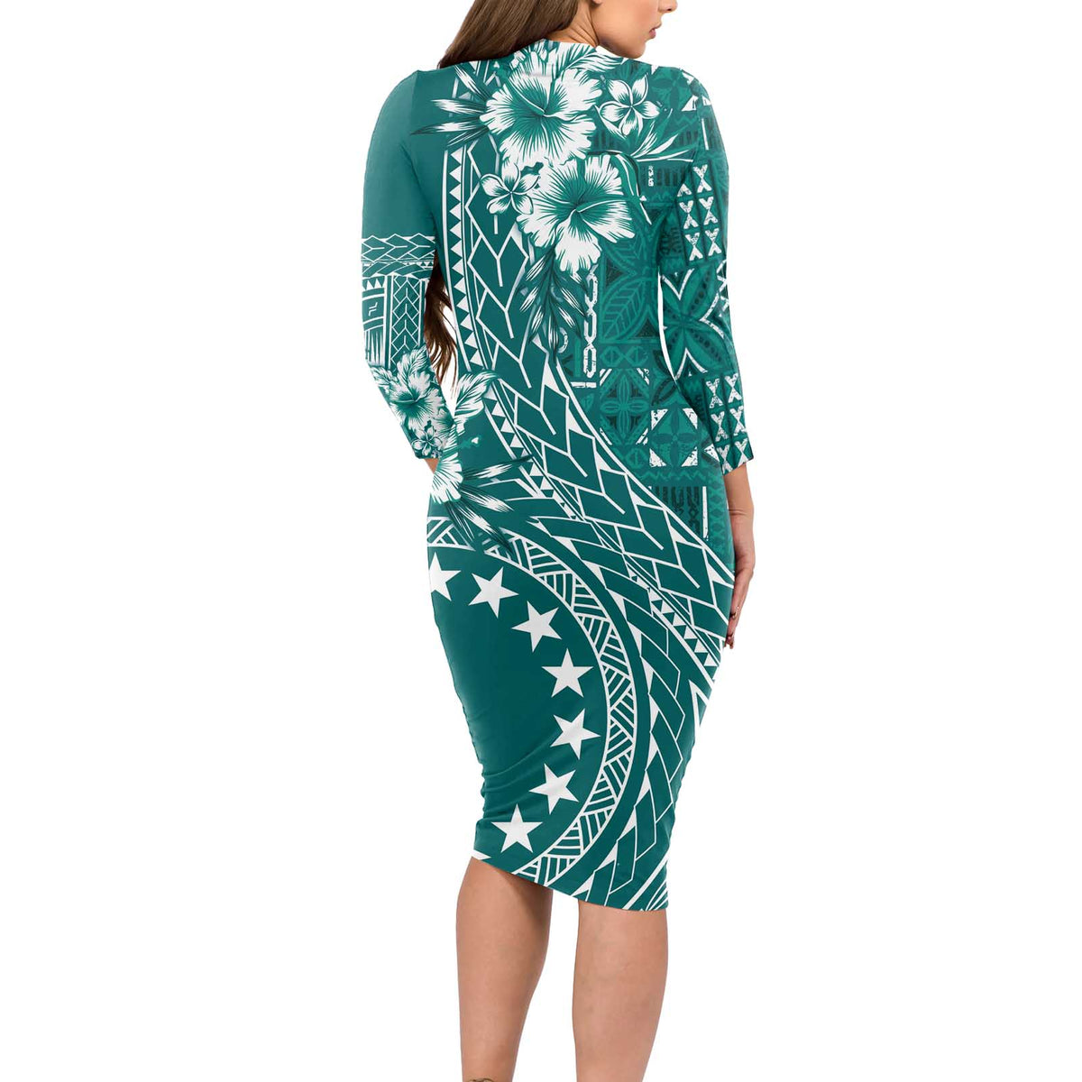 Kia Orana Cook Islands Long Sleeve Bodycon Dress Tiare and Stars - Teal LT7 - Polynesian Pride