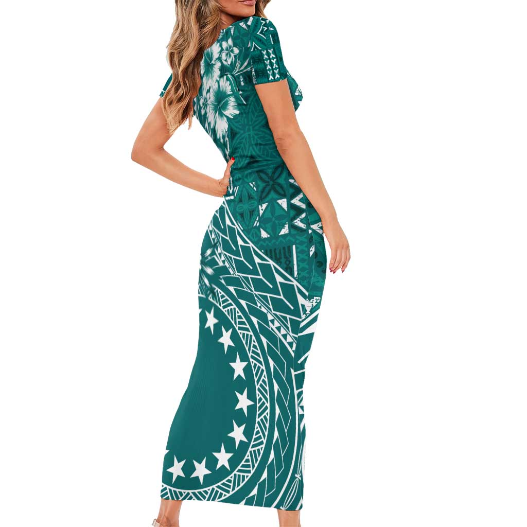 Kia Orana Cook Islands Short Sleeve Bodycon Dress Tiare and Stars - Teal LT7 - Polynesian Pride