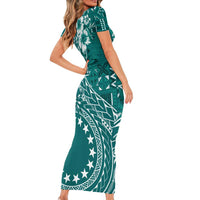 Kia Orana Cook Islands Short Sleeve Bodycon Dress Tiare and Stars - Teal LT7 - Polynesian Pride
