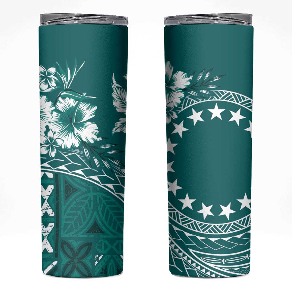 Kia Orana Cook Islands Skinny Tumbler Tiare & Stars - Teal LT7 Teal - Polynesian Pride