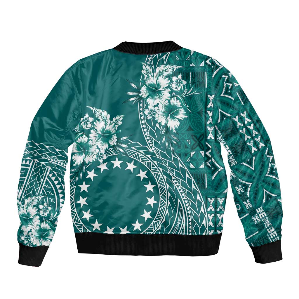 Kia Orana Cook Islands Sleeve Zip Bomber Jacket Tiare and Stars - Teal