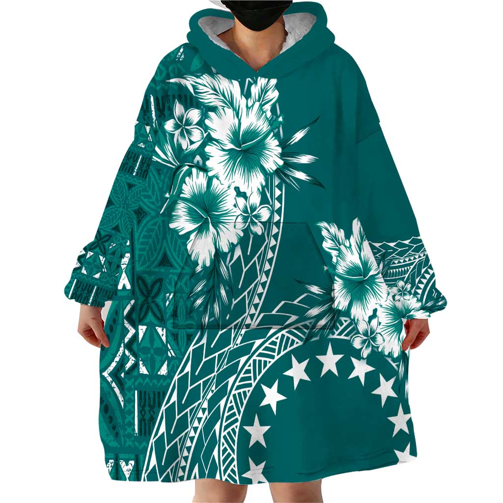 Kia Orana Cook Islands Wearable Blanket Hoodie Tiare and Stars - Teal LT7 - Polynesian Pride
