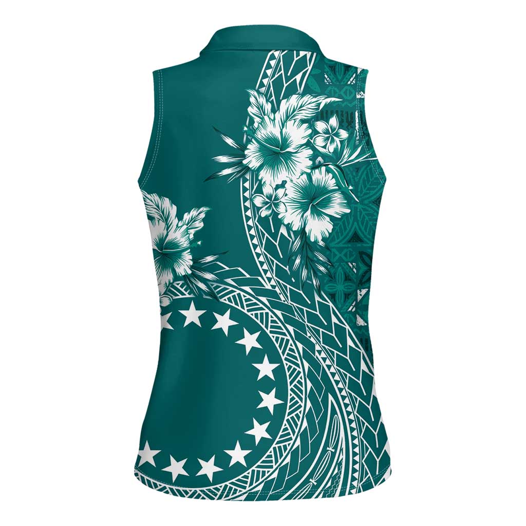Kia Orana Cook Islands Women Sleeveless Polo Shirt Tiare and Stars - Teal LT7 - Polynesian Pride