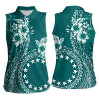 Kia Orana Cook Islands Women Sleeveless Polo Shirt Tiare and Stars - Teal LT7 - Polynesian Pride