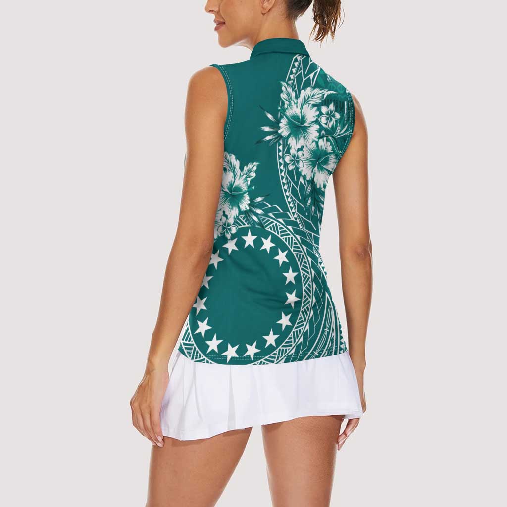 Kia Orana Cook Islands Women Sleeveless Polo Shirt Tiare and Stars - Teal LT7 - Polynesian Pride