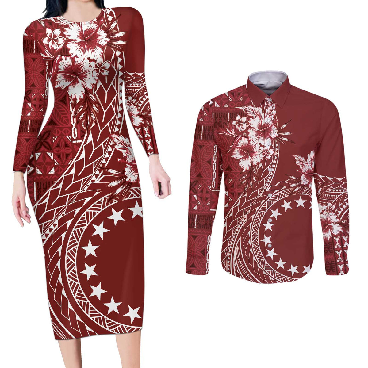 Kia Orana Cook Islands Couples Matching Long Sleeve Bodycon Dress and Long Sleeve Button Shirt Tiare and Stars - Scarlet LT7 Red - Polynesian Pride