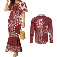Kia Orana Cook Islands Couples Matching Mermaid Dress and Long Sleeve Button Shirt Tiare and Stars - Scarlet LT7 Red - Polynesian Pride
