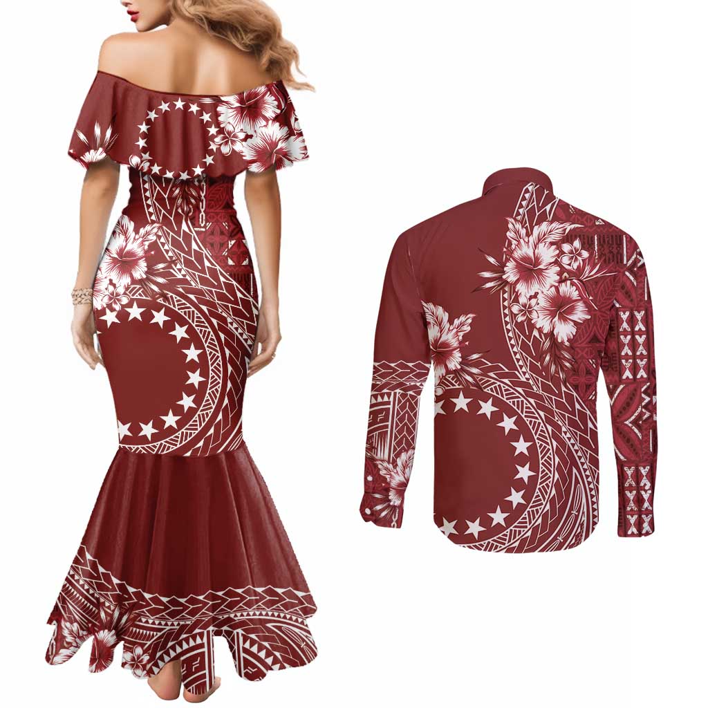 Kia Orana Cook Islands Couples Matching Mermaid Dress and Long Sleeve Button Shirt Tiare and Stars - Scarlet LT7 - Polynesian Pride