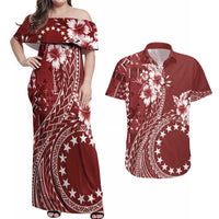 Kia Orana Cook Islands Couples Matching Off Shoulder Maxi Dress and Hawaiian Shirt Tiare and Stars - Scarlet LT7 Red - Polynesian Pride