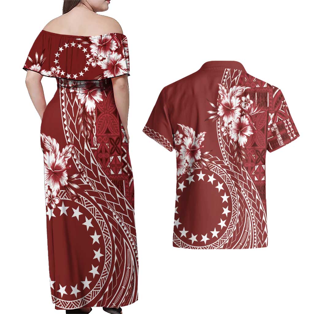 Kia Orana Cook Islands Couples Matching Off Shoulder Maxi Dress and Hawaiian Shirt Tiare and Stars - Scarlet LT7 - Polynesian Pride