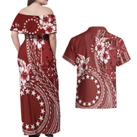 Kia Orana Cook Islands Couples Matching Off Shoulder Maxi Dress and Hawaiian Shirt Tiare and Stars - Scarlet LT7 - Polynesian Pride