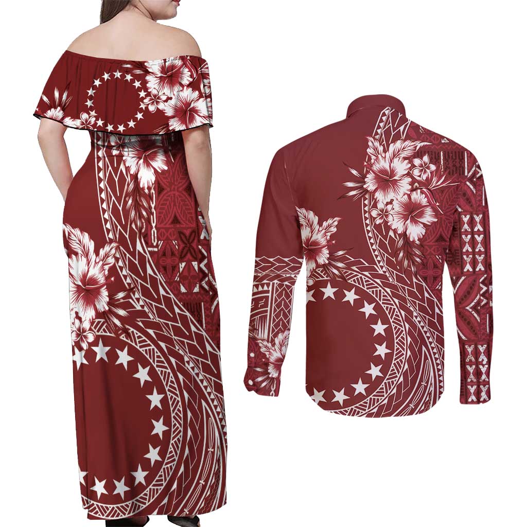 Kia Orana Cook Islands Couples Matching Off Shoulder Maxi Dress and Long Sleeve Button Shirt Tiare and Stars - Scarlet LT7 - Polynesian Pride
