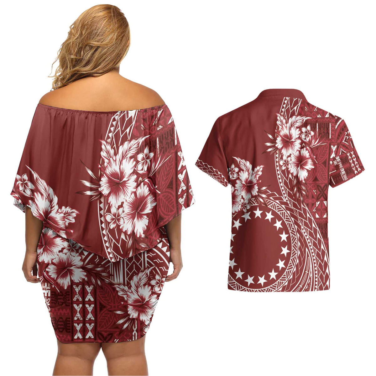 Kia Orana Cook Islands Couples Matching Off Shoulder Short Dress and Hawaiian Shirt Tiare and Stars - Scarlet LT7 - Polynesian Pride