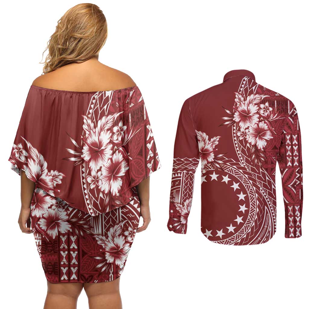 Kia Orana Cook Islands Couples Matching Off Shoulder Short Dress and Long Sleeve Button Shirt Tiare and Stars - Scarlet LT7 - Polynesian Pride