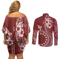 Kia Orana Cook Islands Couples Matching Off Shoulder Short Dress and Long Sleeve Button Shirt Tiare and Stars - Scarlet LT7 - Polynesian Pride