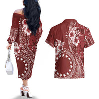 Kia Orana Cook Islands Couples Matching Off The Shoulder Long Sleeve Dress and Hawaiian Shirt Tiare and Stars - Scarlet LT7 - Polynesian Pride