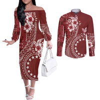 Kia Orana Cook Islands Couples Matching Off The Shoulder Long Sleeve Dress and Long Sleeve Button Shirt Tiare and Stars - Scarlet LT7 Red - Polynesian Pride