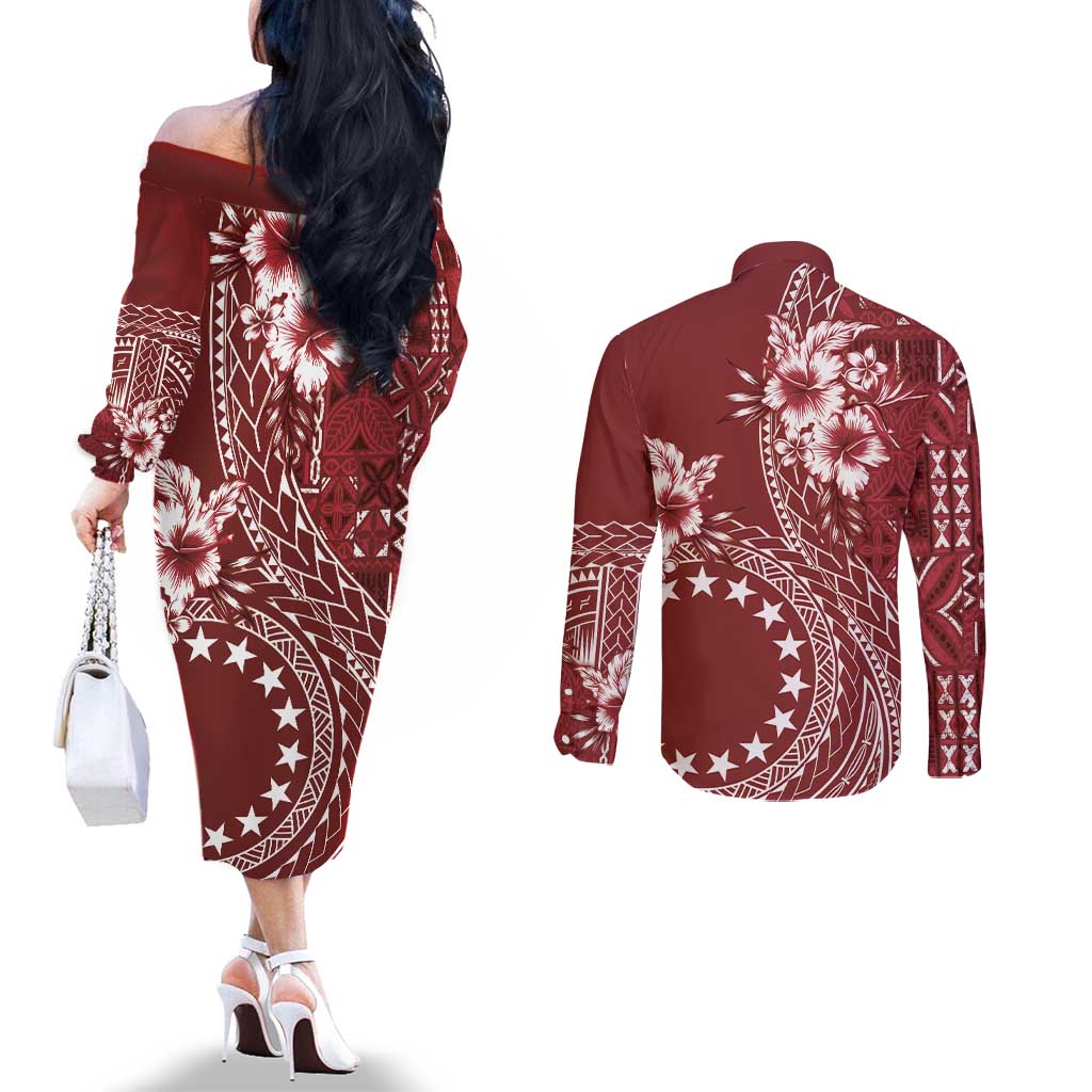 Kia Orana Cook Islands Couples Matching Off The Shoulder Long Sleeve Dress and Long Sleeve Button Shirt Tiare and Stars - Scarlet LT7 - Polynesian Pride