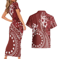 Kia Orana Cook Islands Couples Matching Short Sleeve Bodycon Dress and Hawaiian Shirt Tiare and Stars - Scarlet LT7 - Polynesian Pride