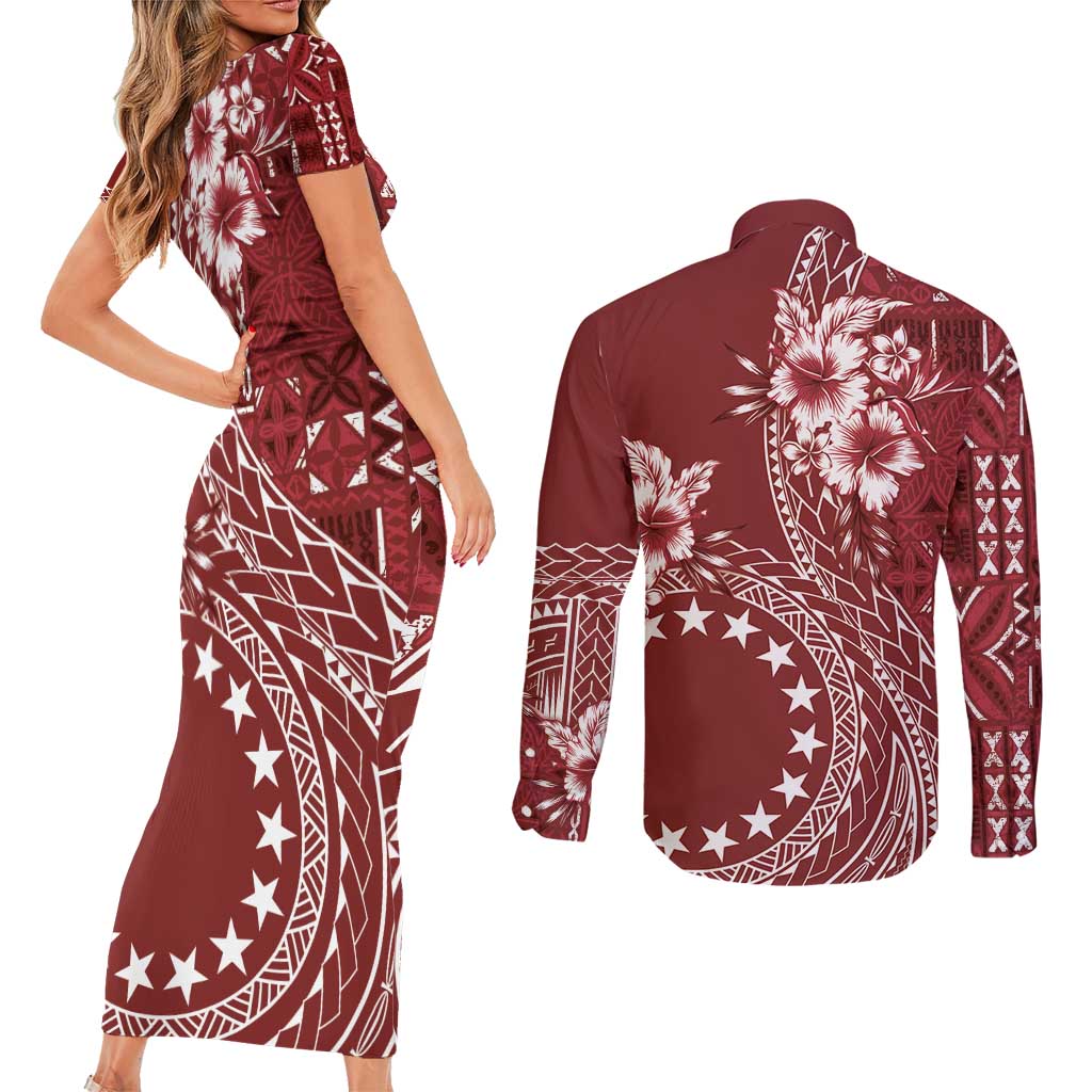 Kia Orana Cook Islands Couples Matching Short Sleeve Bodycon Dress and Long Sleeve Button Shirt Tiare and Stars - Scarlet LT7 - Polynesian Pride