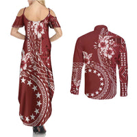 Kia Orana Cook Islands Couples Matching Summer Maxi Dress and Long Sleeve Button Shirt Tiare and Stars - Scarlet LT7 - Polynesian Pride