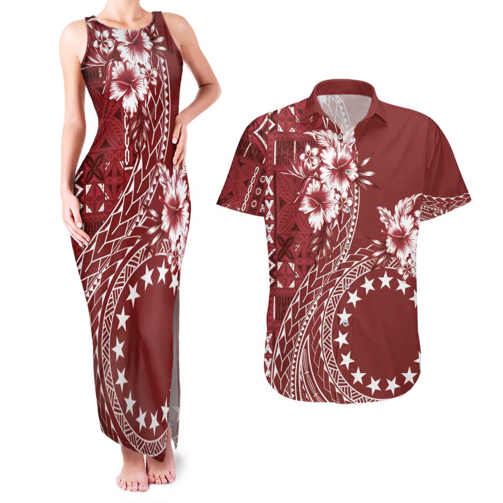 Kia Orana Cook Islands Couples Matching Tank Maxi Dress and Hawaiian Shirt Tiare and Stars - Scarlet LT7 Red - Polynesian Pride
