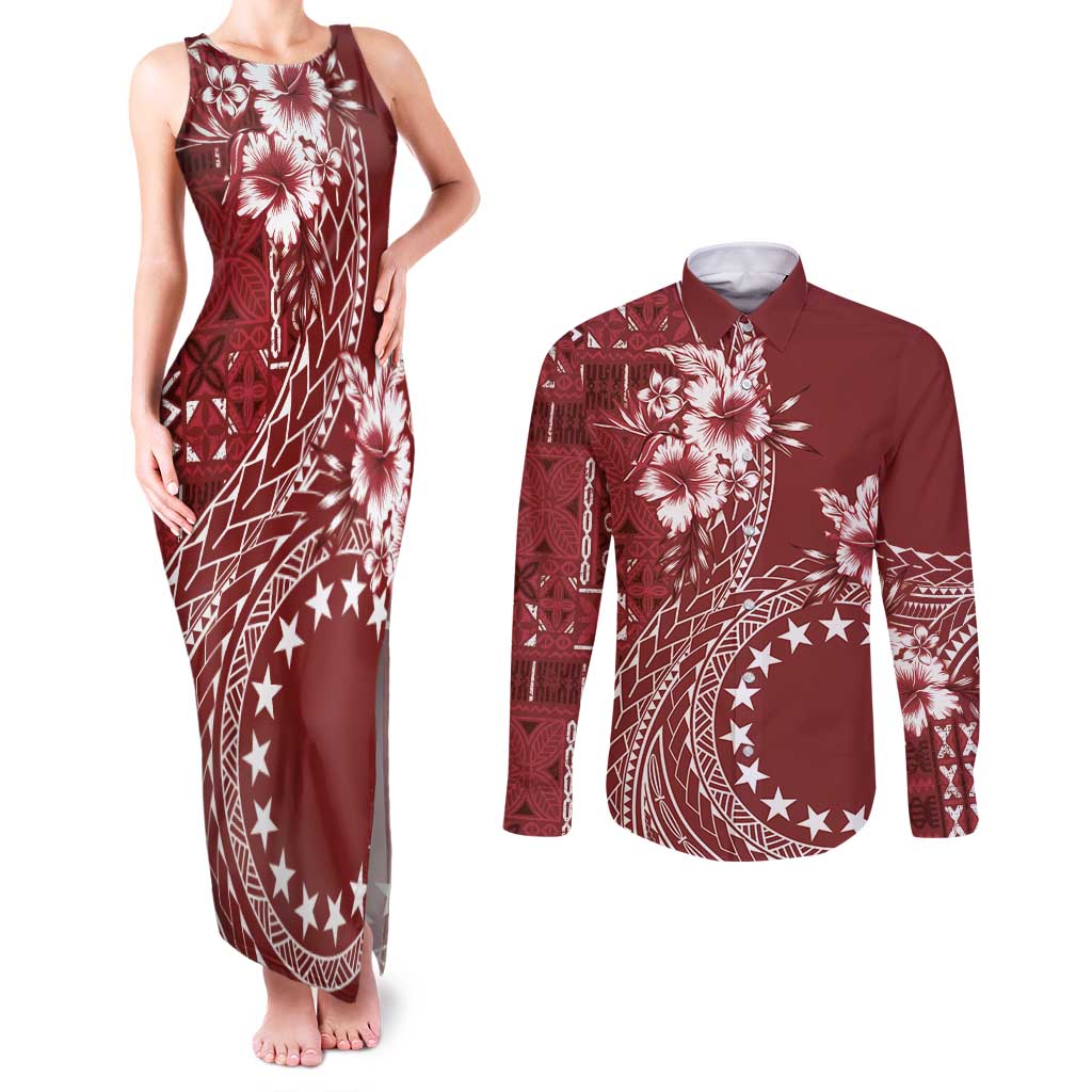 Kia Orana Cook Islands Couples Matching Tank Maxi Dress and Long Sleeve Button Shirt Tiare and Stars - Scarlet LT7 Red - Polynesian Pride