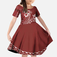 Kia Orana Cook Islands Family Matching Long Sleeve Bodycon Dress and Hawaiian Shirt Tiare and Stars - Scarlet LT7 Daughter's Dress Red - Polynesian Pride
