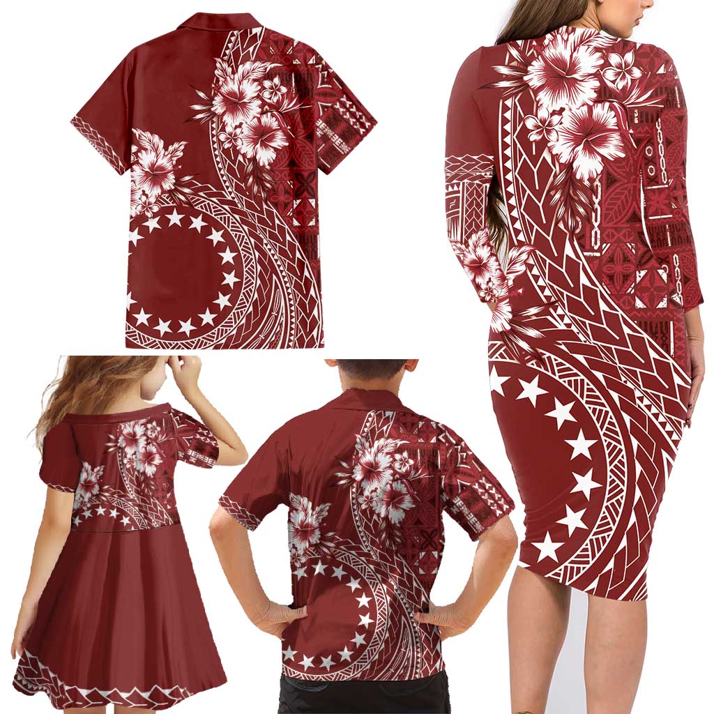 Kia Orana Cook Islands Family Matching Long Sleeve Bodycon Dress and Hawaiian Shirt Tiare and Stars - Scarlet LT7 - Polynesian Pride