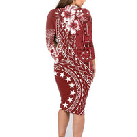 Kia Orana Cook Islands Family Matching Long Sleeve Bodycon Dress and Hawaiian Shirt Tiare and Stars - Scarlet LT7 - Polynesian Pride