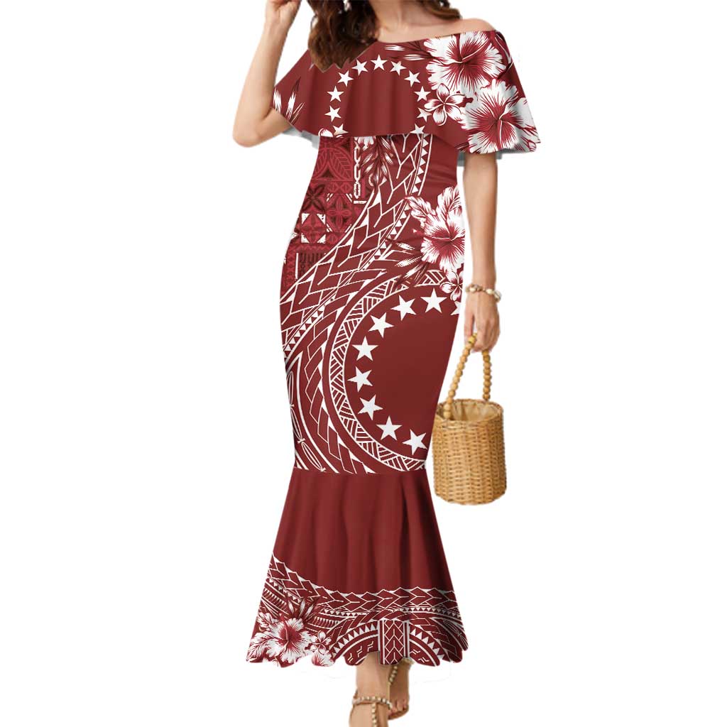 Kia Orana Cook Islands Family Matching Mermaid Dress and Hawaiian Shirt Tiare and Stars - Scarlet LT7 Mom's Dress Red - Polynesian Pride