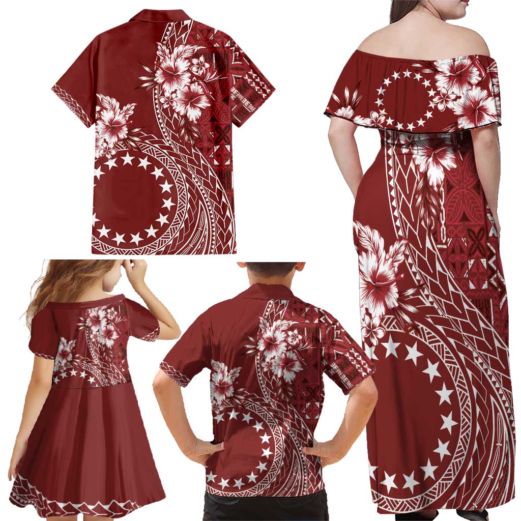 Kia Orana Cook Islands Family Matching Off Shoulder Maxi Dress and Hawaiian Shirt Tiare and Stars - Scarlet LT7 - Polynesian Pride