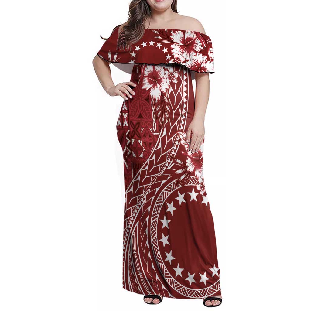 Kia Orana Cook Islands Family Matching Off Shoulder Maxi Dress and Hawaiian Shirt Tiare and Stars - Scarlet LT7 Mom's Dress Red - Polynesian Pride