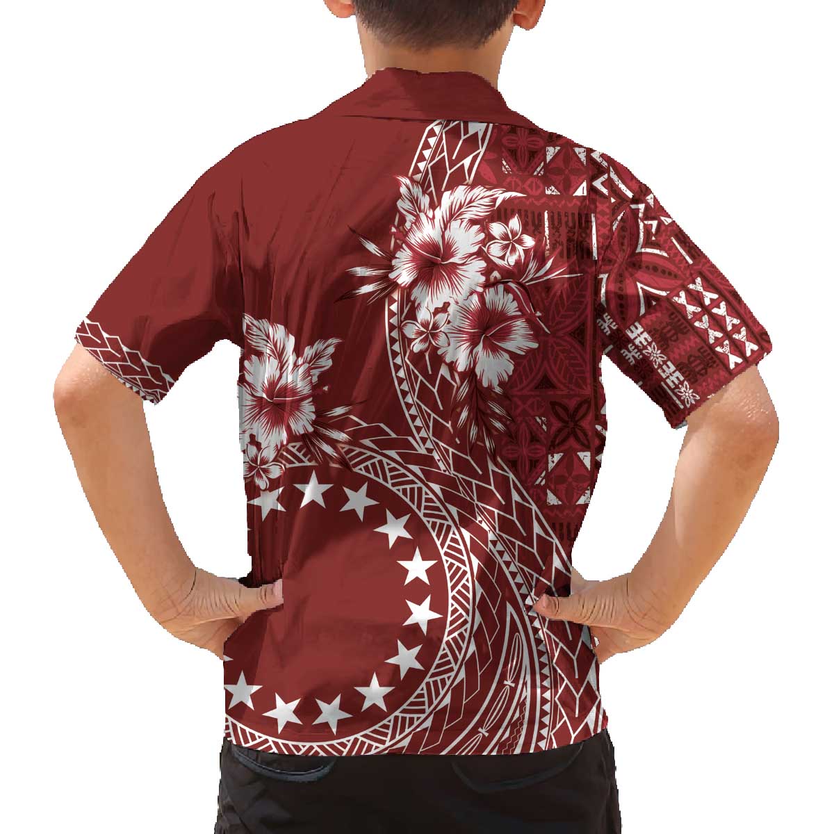 Kia Orana Cook Islands Family Matching Off Shoulder Short Dress and Hawaiian Shirt Tiare and Stars - Scarlet LT7 - Polynesian Pride