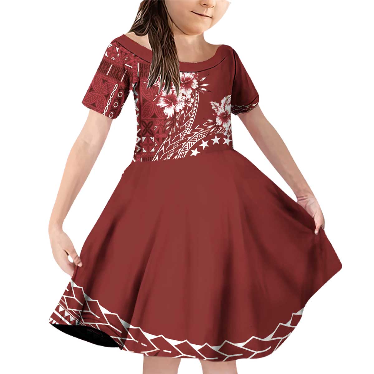 Kia Orana Cook Islands Family Matching Off Shoulder Short Dress and Hawaiian Shirt Tiare and Stars - Scarlet LT7 Daughter's Dress Red - Polynesian Pride