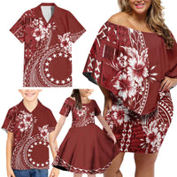 Kia Orana Cook Islands Family Matching Off Shoulder Short Dress and Hawaiian Shirt Tiare and Stars - Scarlet LT7 - Polynesian Pride