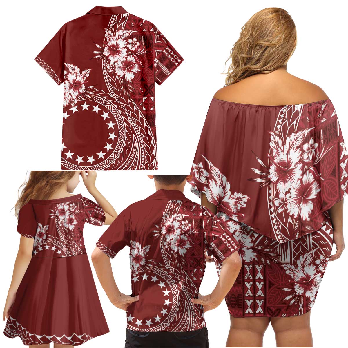 Kia Orana Cook Islands Family Matching Off Shoulder Short Dress and Hawaiian Shirt Tiare and Stars - Scarlet LT7 - Polynesian Pride