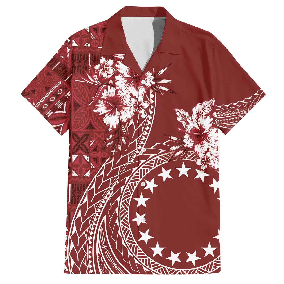 Kia Orana Cook Islands Family Matching Off Shoulder Short Dress and Hawaiian Shirt Tiare and Stars - Scarlet LT7 Dad's Shirt - Short Sleeve Red - Polynesian Pride