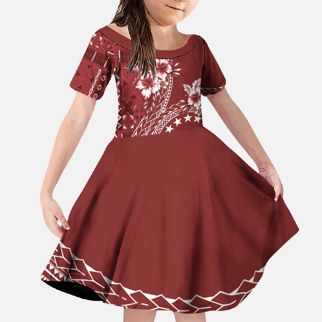 Kia Orana Cook Islands Family Matching Short Sleeve Bodycon Dress and Hawaiian Shirt Tiare and Stars - Scarlet LT7 Daughter's Dress Red - Polynesian Pride