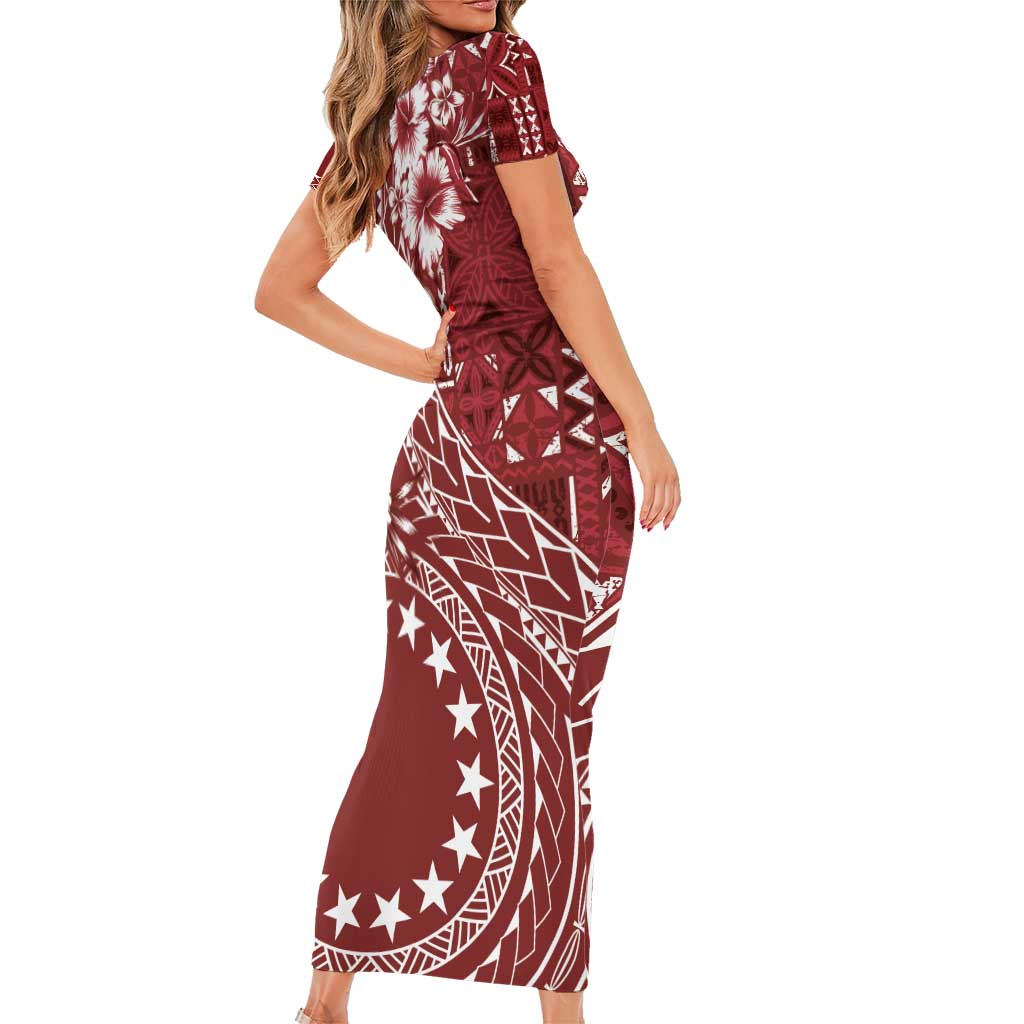 Kia Orana Cook Islands Family Matching Short Sleeve Bodycon Dress and Hawaiian Shirt Tiare and Stars - Scarlet LT7 - Polynesian Pride