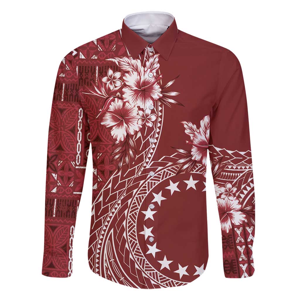 Kia Orana Cook Islands Family Matching Summer Maxi Dress and Hawaiian Shirt Tiare and Stars - Scarlet LT7 Dad's Shirt - Long Sleeve Red - Polynesian Pride