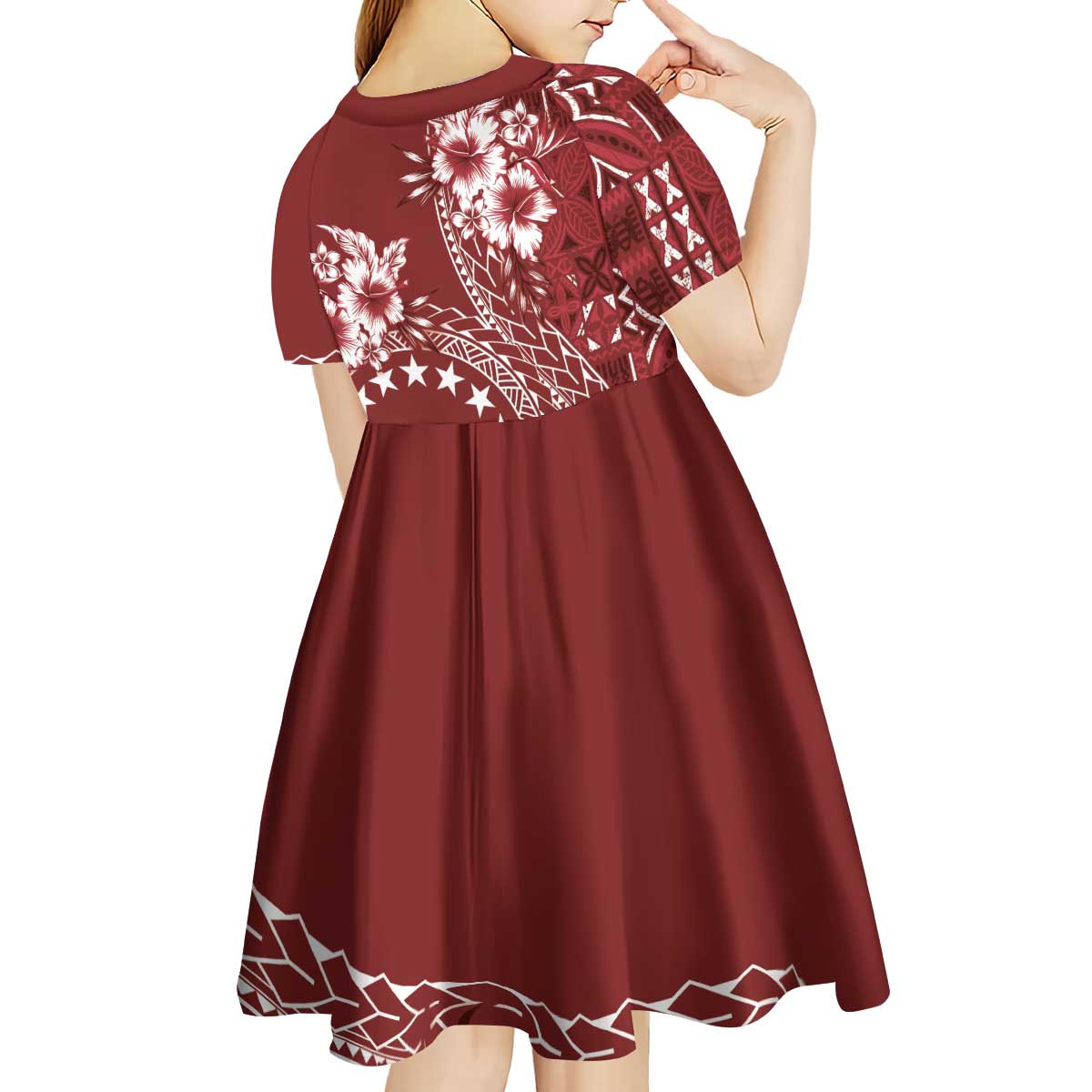 Kia Orana Cook Islands Kid Short Sleeve Dress Tiare and Stars - Scarlet LT7 - Polynesian Pride