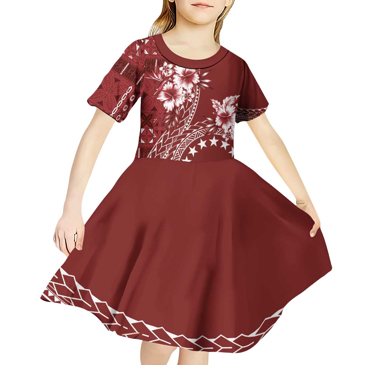 Kia Orana Cook Islands Kid Short Sleeve Dress Tiare and Stars - Scarlet LT7 - Polynesian Pride