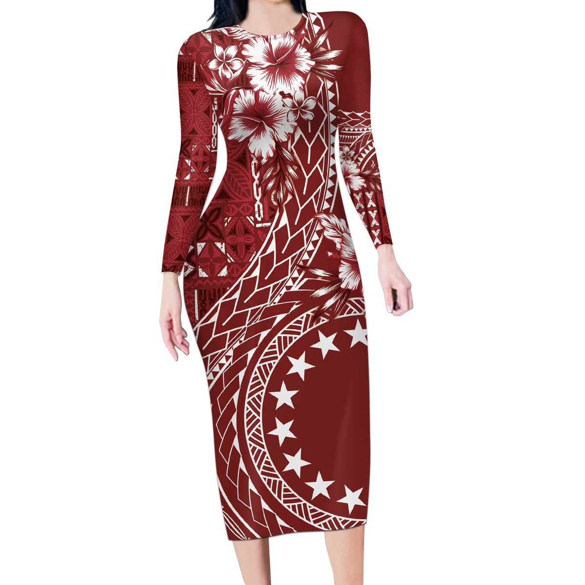 Kia Orana Cook Islands Long Sleeve Bodycon Dress Tiare and Stars - Scarlet LT7 Long Dress Red - Polynesian Pride